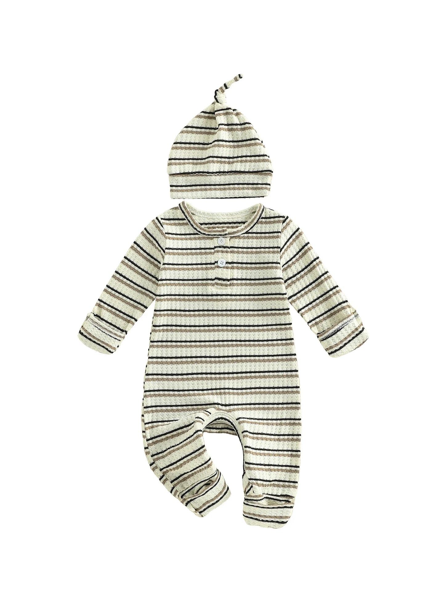 Baby Boy Girl 2Pcs Outfit Striped Long Sleeve Romper and Knotted Hat Spring Set
