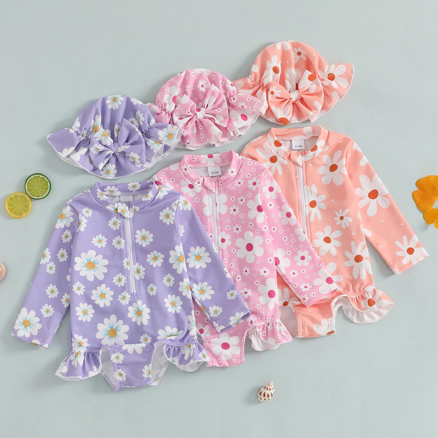 Baby Toddler Girls 2Pcs Swimsuit Long Sleeve Floral/Bow Print Ruffles Bathing Suit Swimwear with Swim Cap Set