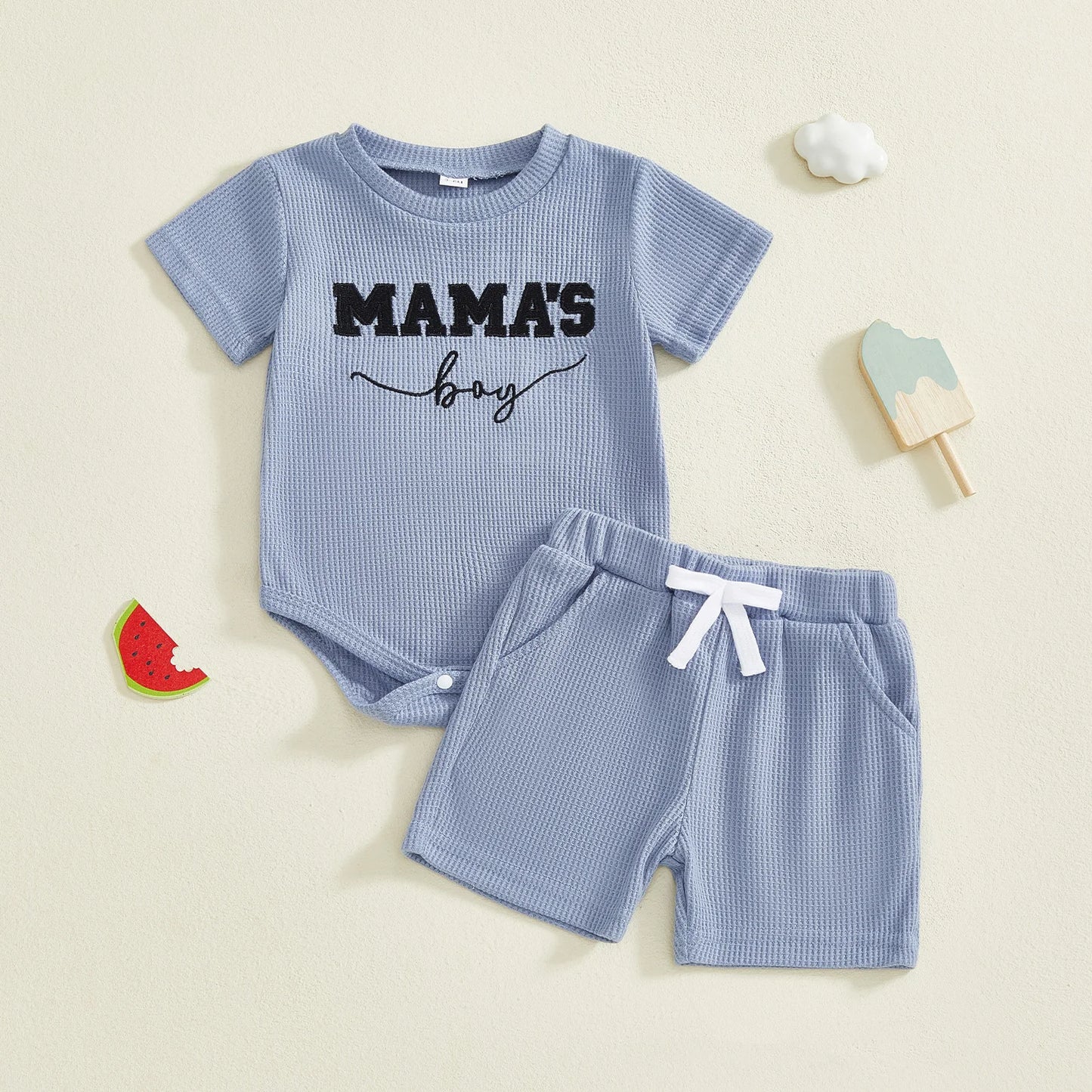 Baby Boys 2Pcs Mama's Boy Shorts Set Letter Embroidered Short Sleeve Romper and Shorts 2 Piece Waffle Knit Summer Outfit