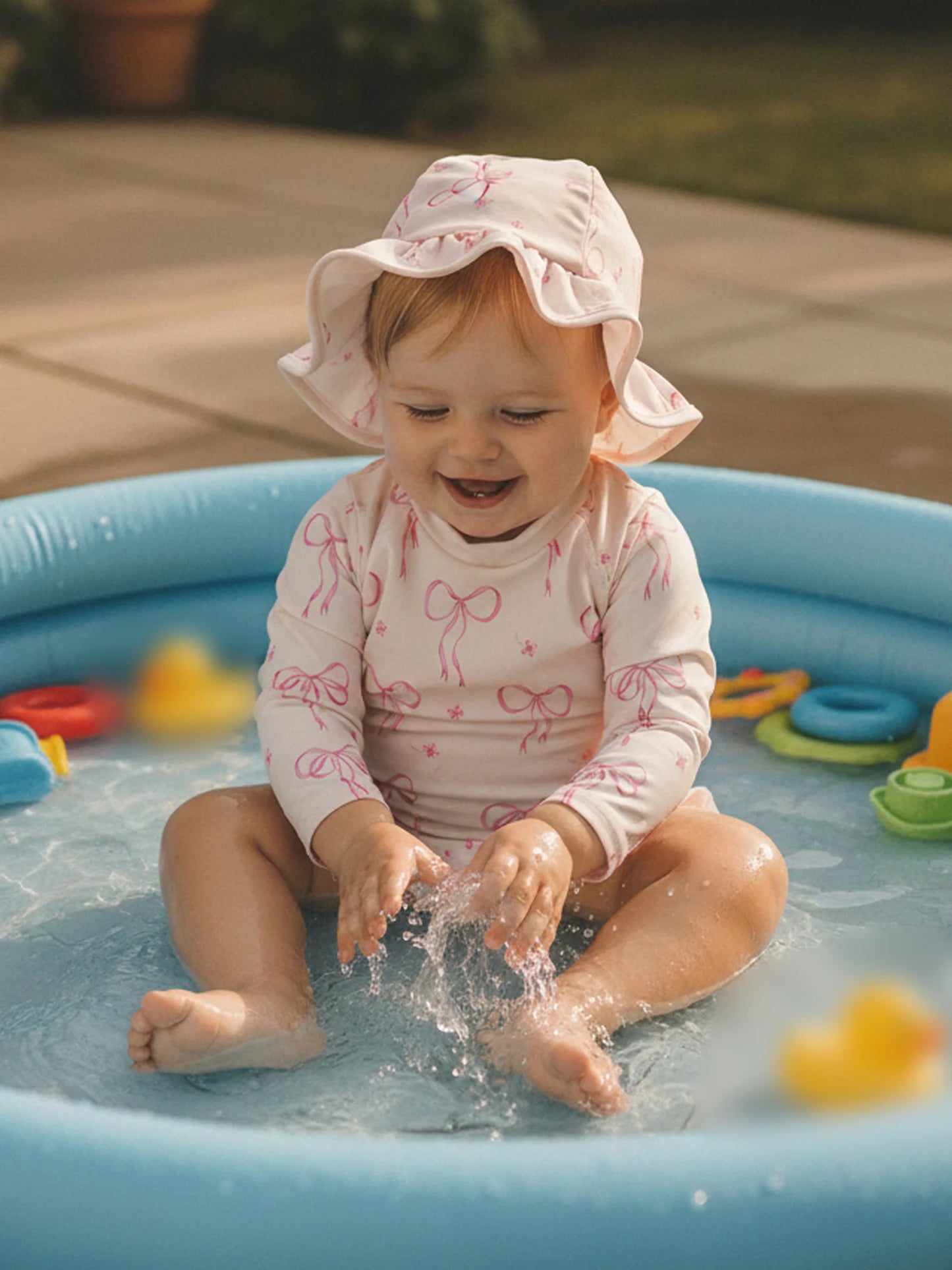 Baby Toddler Girls 2Pcs Rash Guard Swimsuit Set Girls Bow Print Long Sleeve Round Neck Ruffle Jumpsuit and Hat Set for Pool Beach