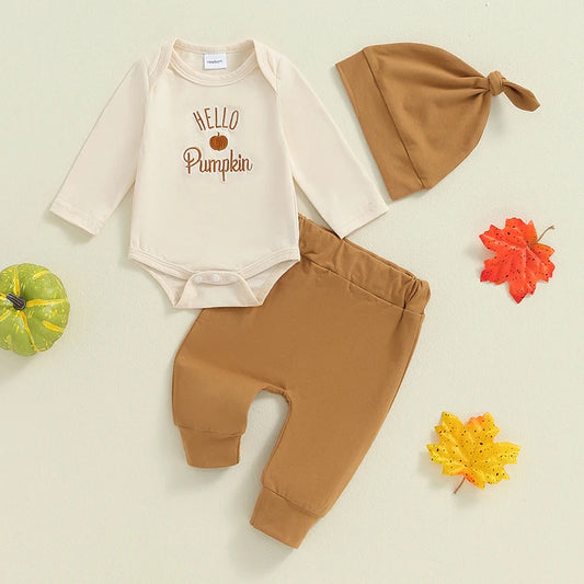 Baby Boys Girls 3Pcs Outfit Hello Pumpkin Long Sleeve Embroidery Letters Romper Elastic Waist Pants Hat Halloween Set