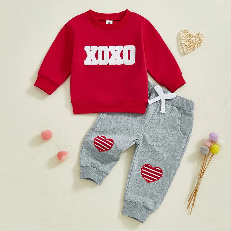 Baby Toddler Boys Girls 2Pcs Valentine's Day Jogger Set Long Sleeve Crew Neck XOXO Embroidery Letters Crewneck Top with Heart Knee Pants Outfit