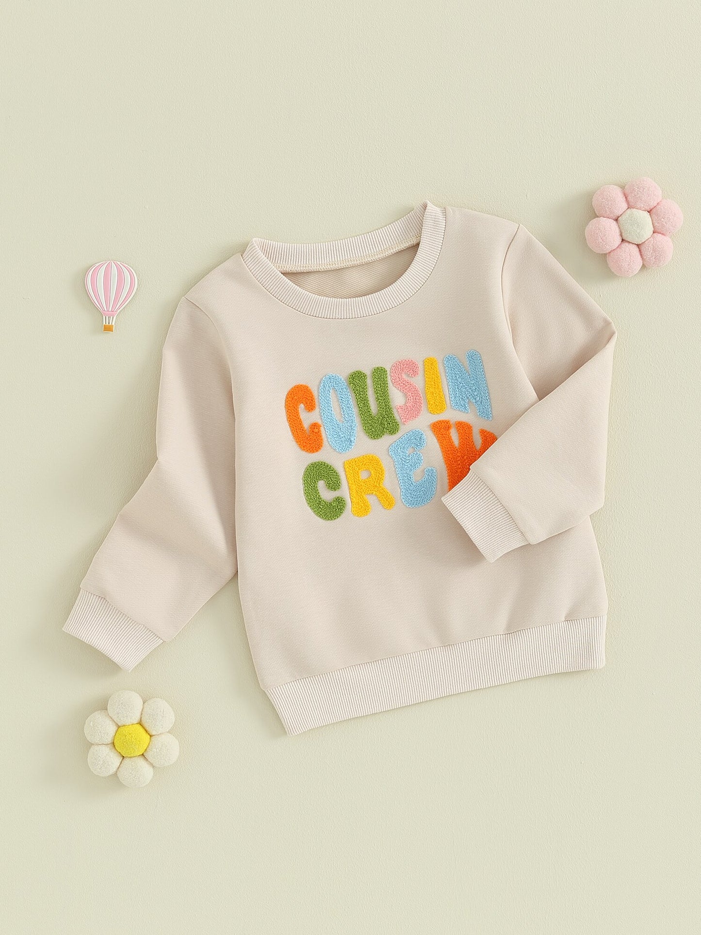 Toddler Baby Kids Boys Girls Fuzzy Letter Embroidery Cousin Crew Matching Long Sleeve Round Neck Pullover Loose Top