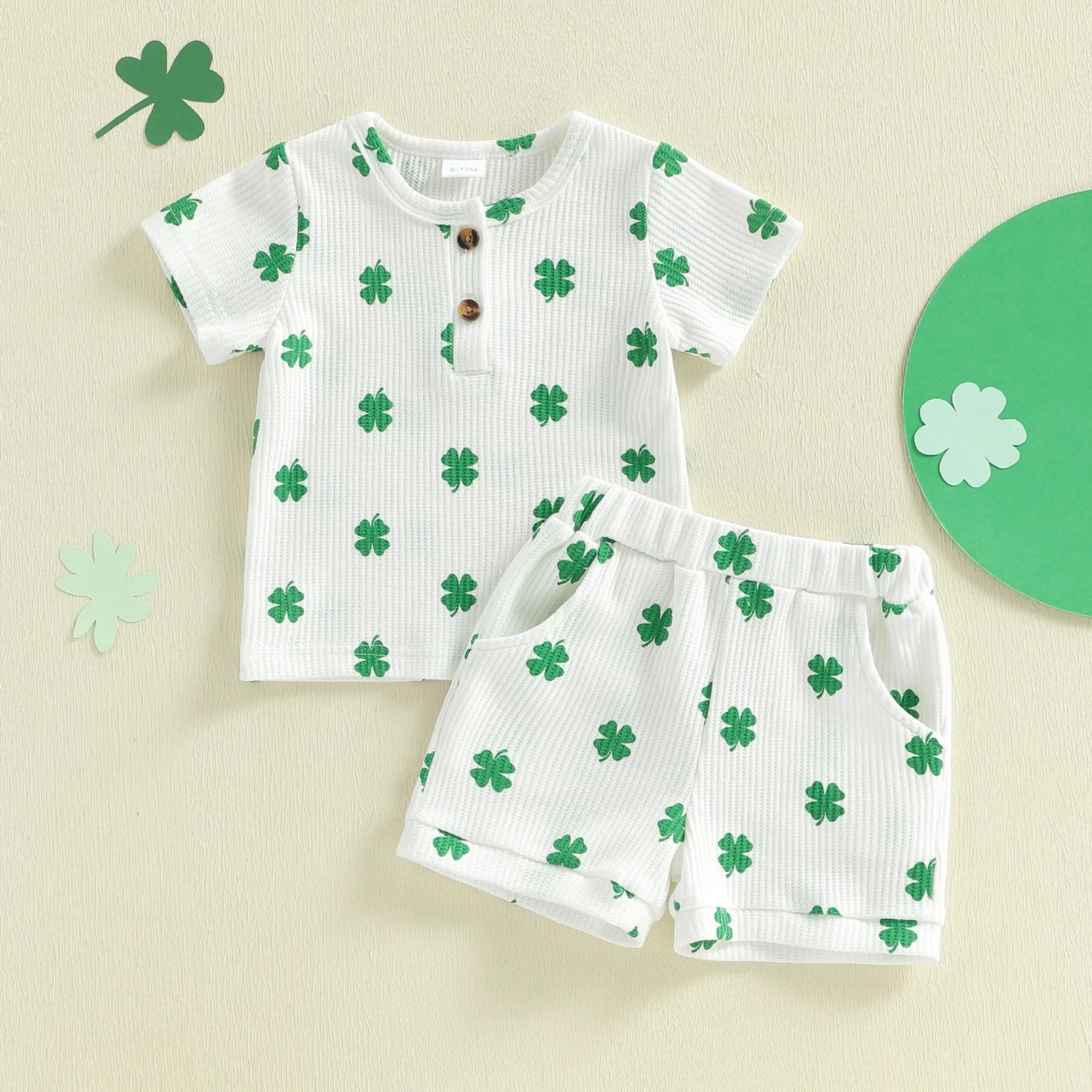 Baby Toddler Boys 2Pcs Outfit Spring Short Sleeve Crew Neck Shamrock Print Top and Elastic Waist Shorts St. Patrick's Day Set