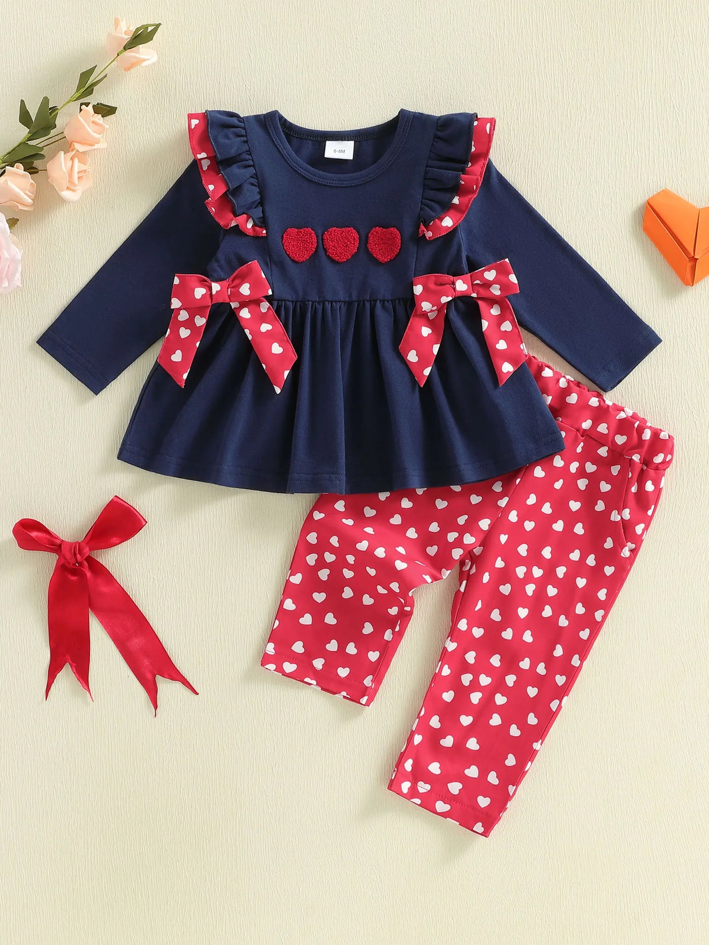 Baby Toddler Girls 2Pcs Valentine's Day Outfit Bows Heart Pattern Ruffled Trim Long Sleeve Top and Pants Set