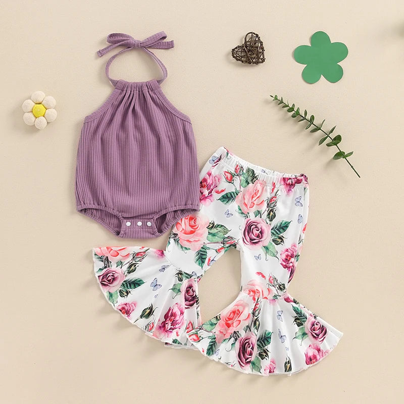 Baby Girl 2Pcs Summer Outfit Tie-Up Halter Neck Sleeveless Romper with Flower Print Flared Pants Set