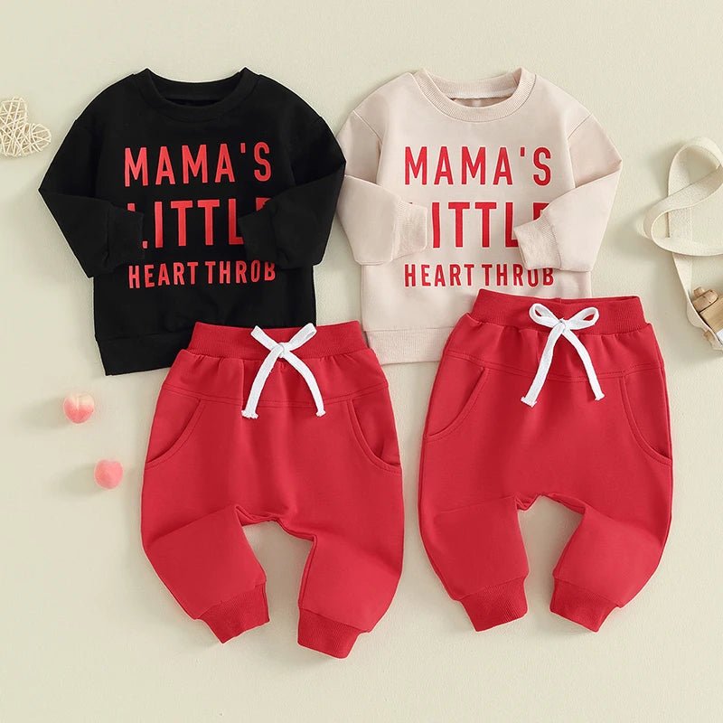 Baby Toddler Boy Girl 2Pcs Valentine's Day Outfits Long Sleeve Crewneck Mama's Little Heart Throb Letter Print Top Jogger Pants Clothes Set