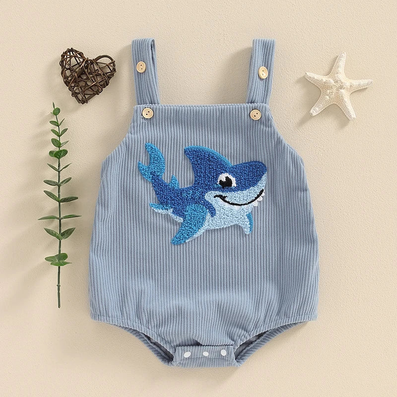 Baby Girls Boys Summer Romper Sleeveless Dinosaur Shark Rainbow Embroidery Button Ribbed Tank Top Overalls Romper