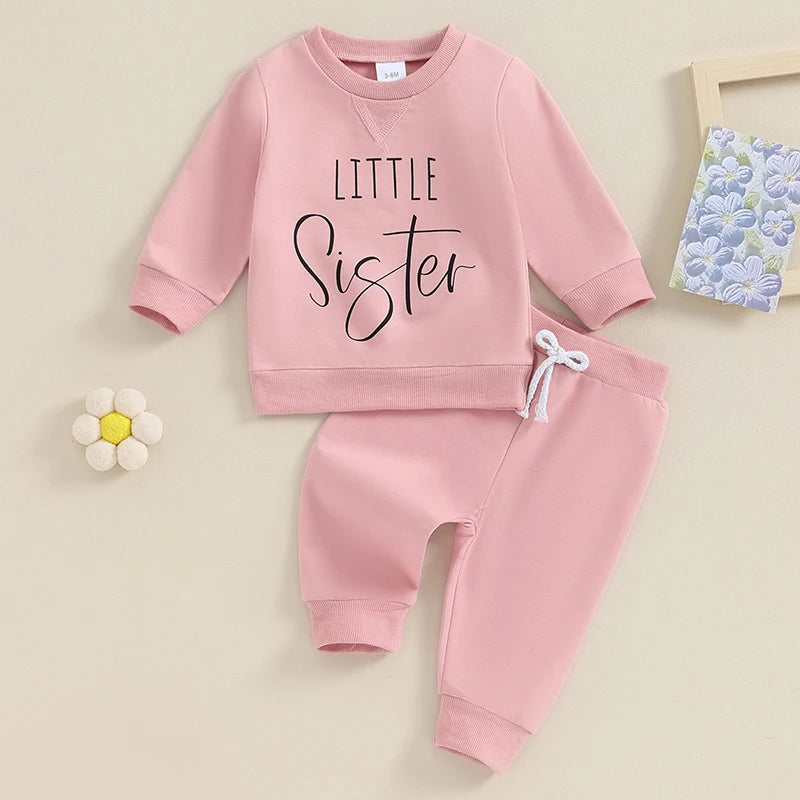 Baby Toddler Girls 2Pcs Little Sister Outfits Solid Color Long Sleeve Top Jogger Pants Set