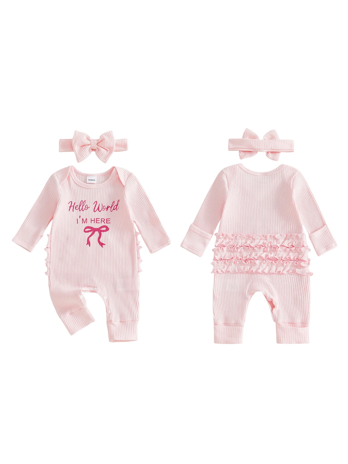 Baby Girl 2Pcs Hello World I'm Here Outfit Long Sleeve Crew Neck Letters Bow Print Romper with Bow Headband Set