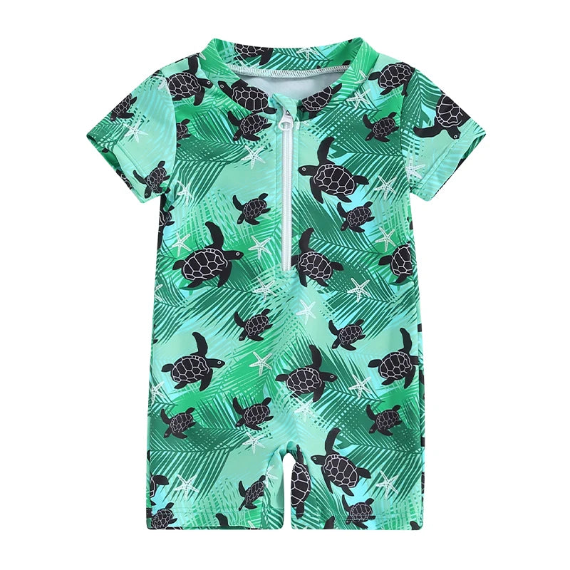 Baby Toddler Boys Summer Swimsuit Rompers Short Sleeve Turtle/Shark Print Zipper Bathing Suit Swimwear Romper