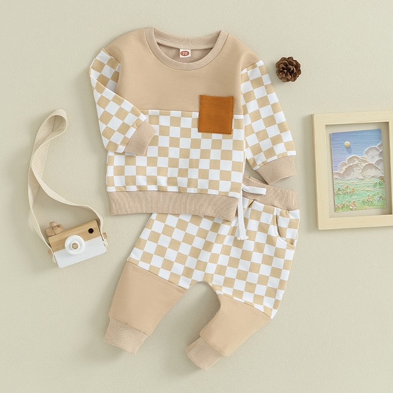 Baby Toddler Boy Girl 2Pcs Clothes Outfits Checker Long Sleeve Pocket Top and Elastic Pants Set Fall Clothes