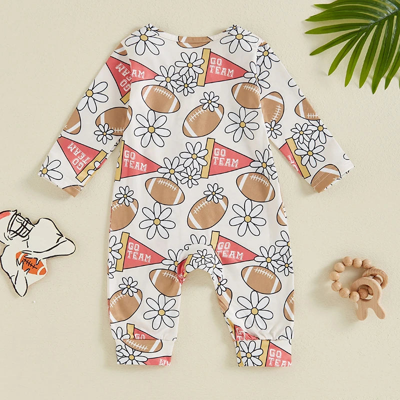 Baby Girls Casual Jumpsuit Long Sleeve Crew Neck Floral Football Flowers Flag Print Zipper Romper