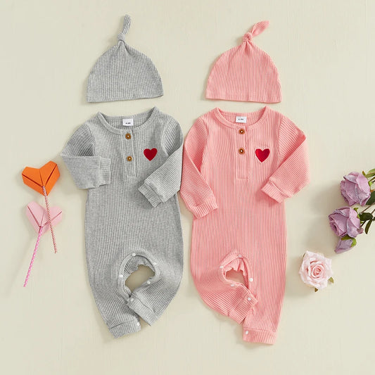 Baby Boys Girls 2Pcs Valentine's Day Heart Print Long Sleeve Ribbed Romper Hat Valentines Outfit Set