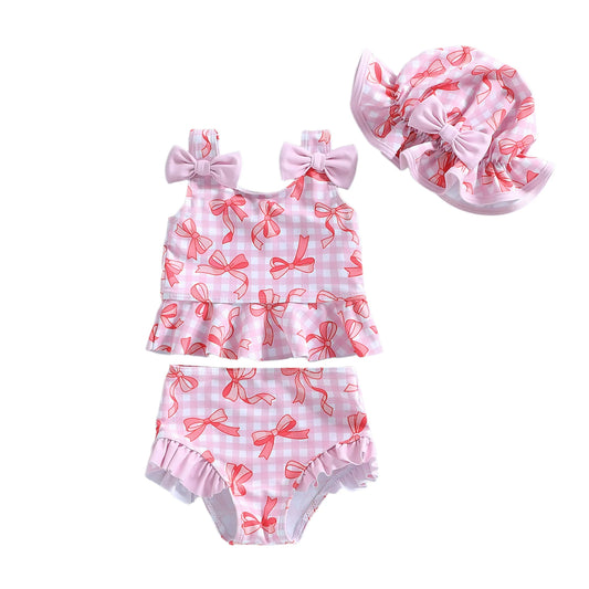 Baby toddler Girls 3Pcs Swimsuit Bow Plaid Print Sleeveless Tank Top with Bloomers and Swimming Hat Set