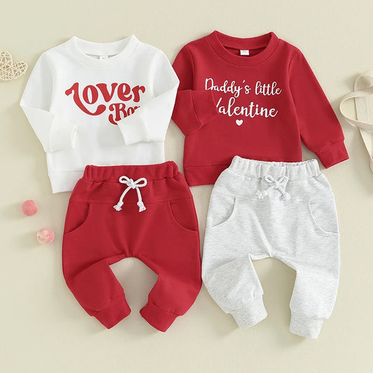 Baby Toddler Boy Girl 2Pcs Valentine's Day Outfits Long Sleeve Shirts Letter Lover Boy / Daddy's Little Valentine Print Top with Jogger Pants Set