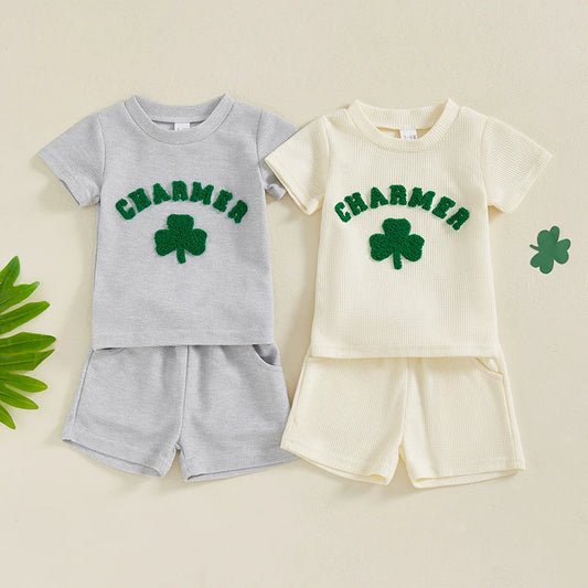 Baby Toddler Boys Girls 2Pcs St. Patrick's Day Clover Charmer Waffle Short Sleeve Shirt Top Spring and Shorts Set Clothes