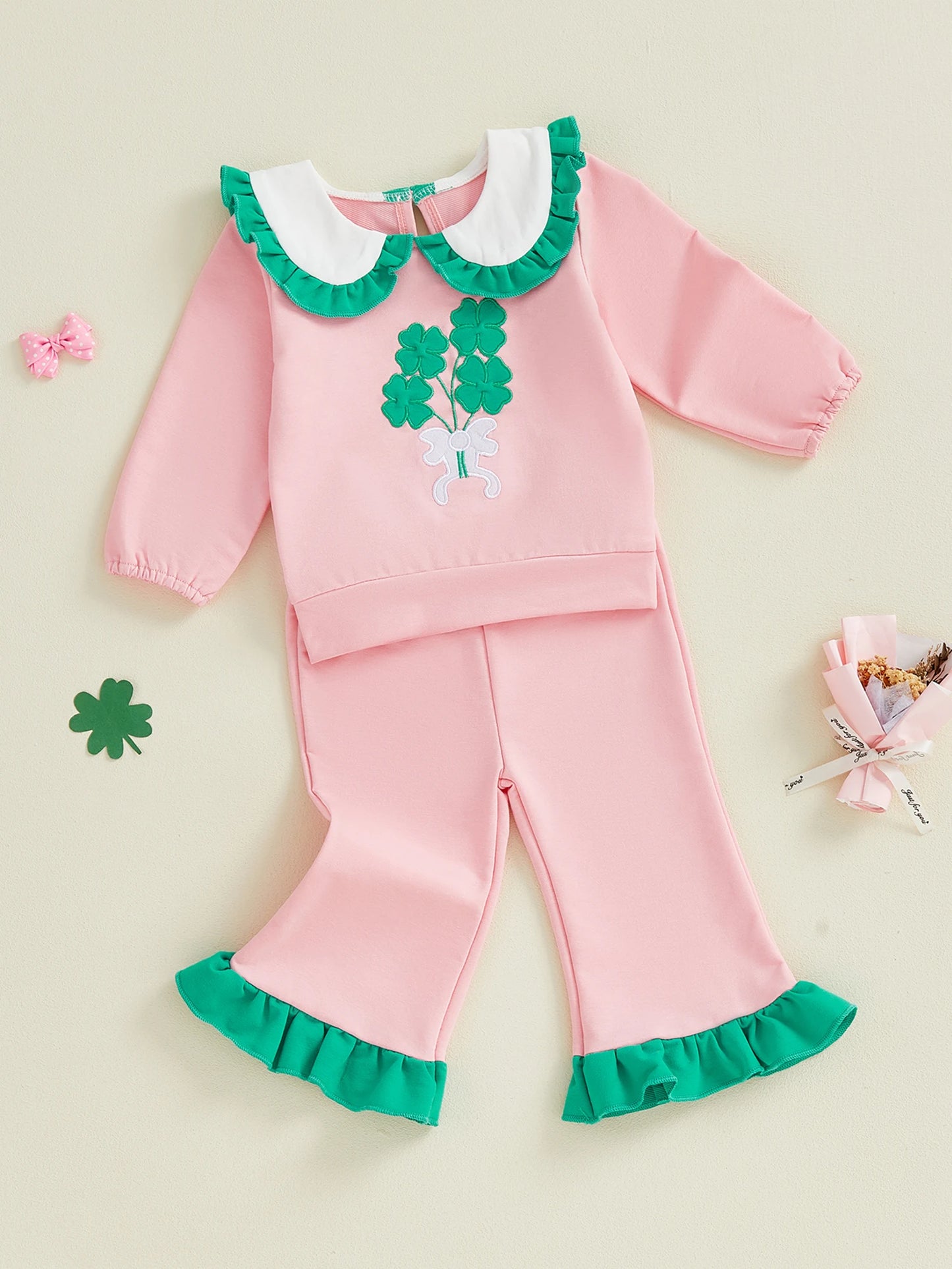 Baby Toddler Girl 2Pcs Spring Outfit Clover Bow Embroidered Doll Collar Top and Flare Pants 2 Piece Set