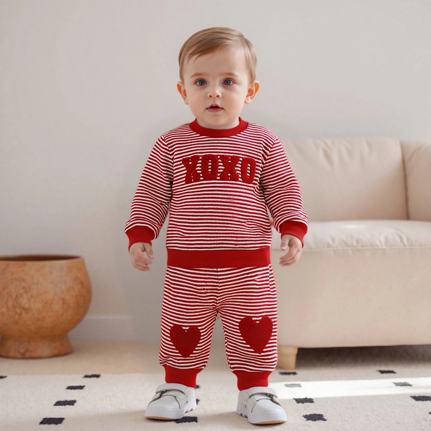 Baby Toddler Girls Boys XOXO Jogger Set Long Sleeve Striped Top with Heart Pants Valentines Day Clothes