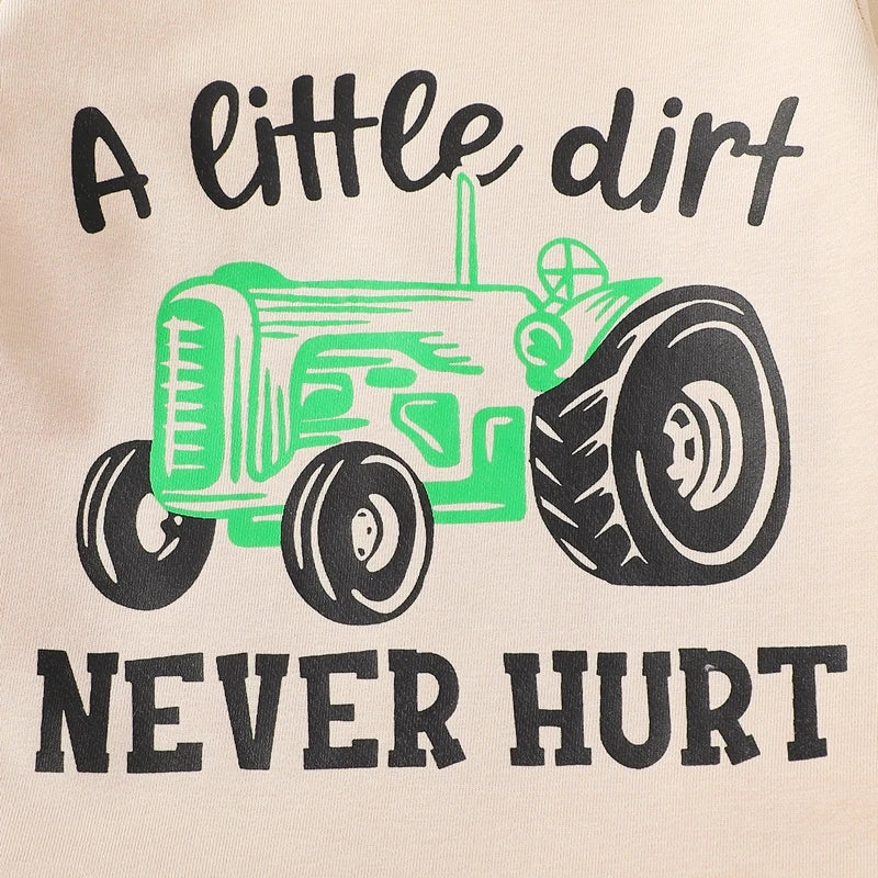 Baby Boys 2Pcs A Little Dirt Never Hurt Outfit Long Sleeve Letter Palm Hand Letter Tractor Print Romper Solid Color Pants Set