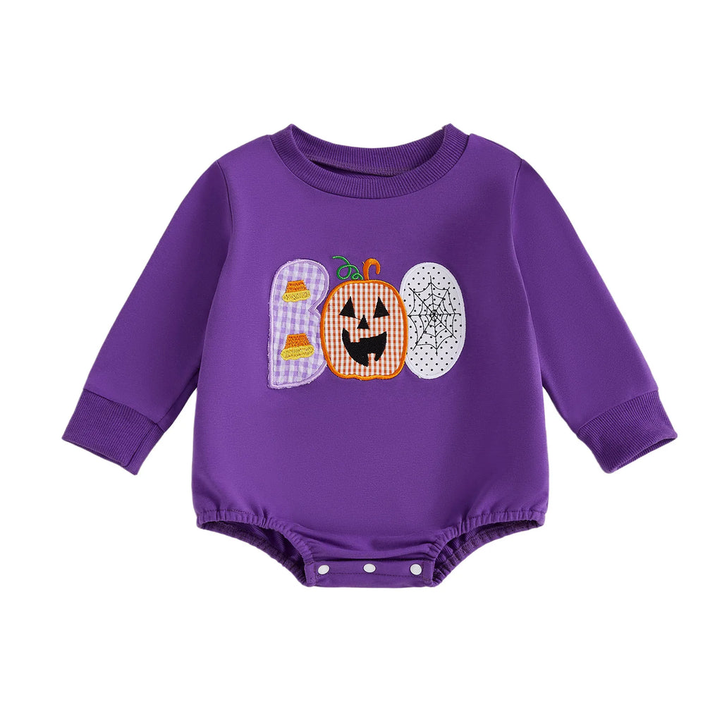 Baby Girls Boys Bubble Romper Halloween Clothes Spider Web Pumpkin Embroidery Letters Boo Long Sleeve Bodysuit Jumpsuit