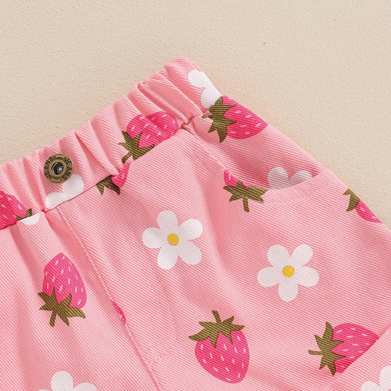 Baby Toddler Girls Summer Denim Shorts Elastic Waist Strawberry Floral Flowers Print Jean Shorts with Pockets