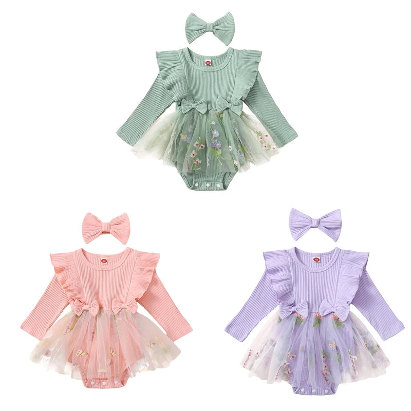 Baby Toddler Girls 2Pcs Outfit Floral Mesh Ruffles Long Sleeve Romper Dress Skirt Tutu and Headband Set