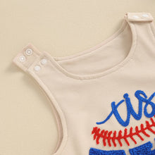 Load image into Gallery viewer, Baby Girls Boys Baseball 4th of July Romper Fuzzy Letter Tis The Season Embroidery Sleeveless Tank Top Jumpsuits Summer Clothes
