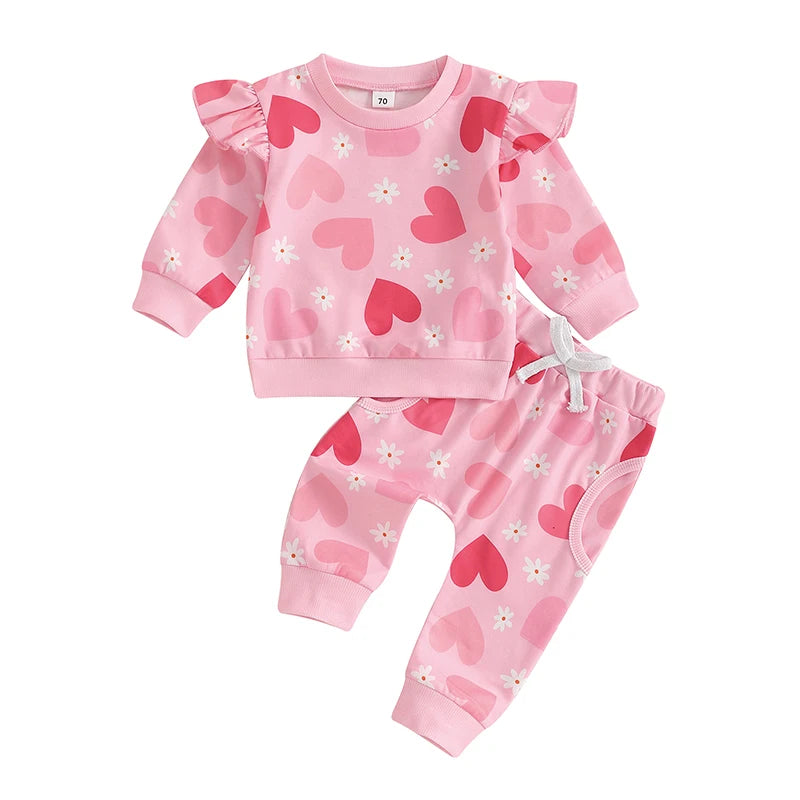 Baby Toddler Girls 2Pcs Outfit Heart Flower Print Long Sleeve Crewneck Frilly Shoulder Top with Jogger Pants Valentine's Day Set