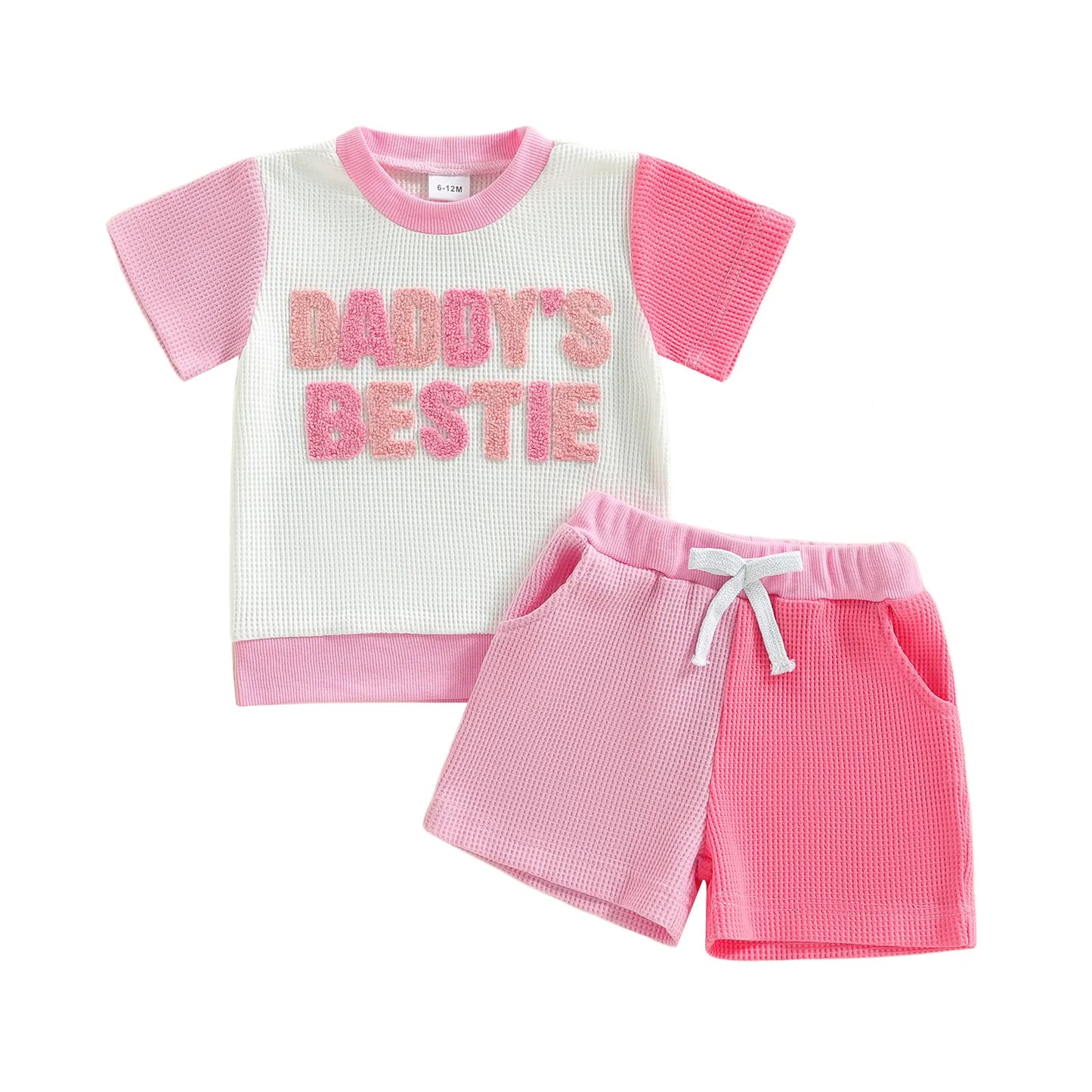 Baby Toddler Girls 2Pcs Daddy's Bestie Set Contrast Letter Short Sleeve T-shirt and Shorts 2 Piece Waffle Summer Outfit