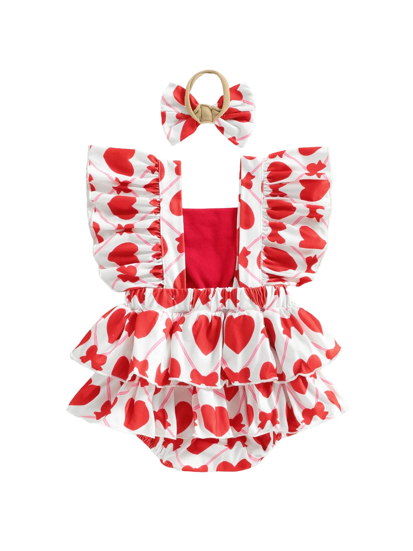 Baby Girls 2Pcs Little Love Valentine's Day Romper Flutter Sleeve Letter Embroidery Heart Print Jumpsuits with Bow Headband Set