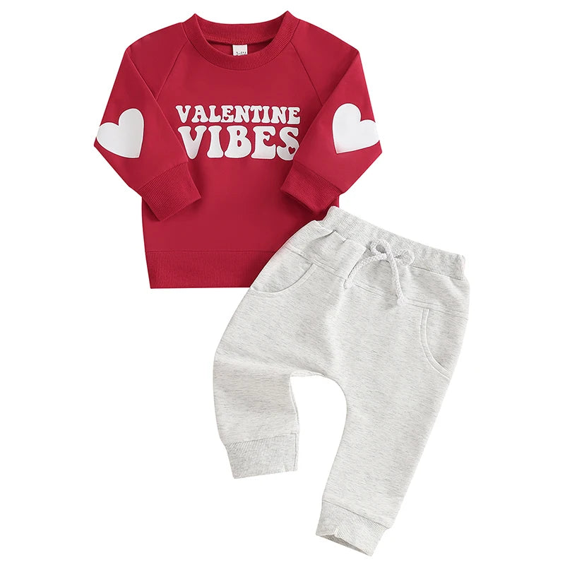 Baby Toddler Boys Girls 2Pcs Valentine Vibes Outfit Letter Print Long Sleeve Crewneck Top with Solid Pants Valentine's Day Jogger Set Valentines