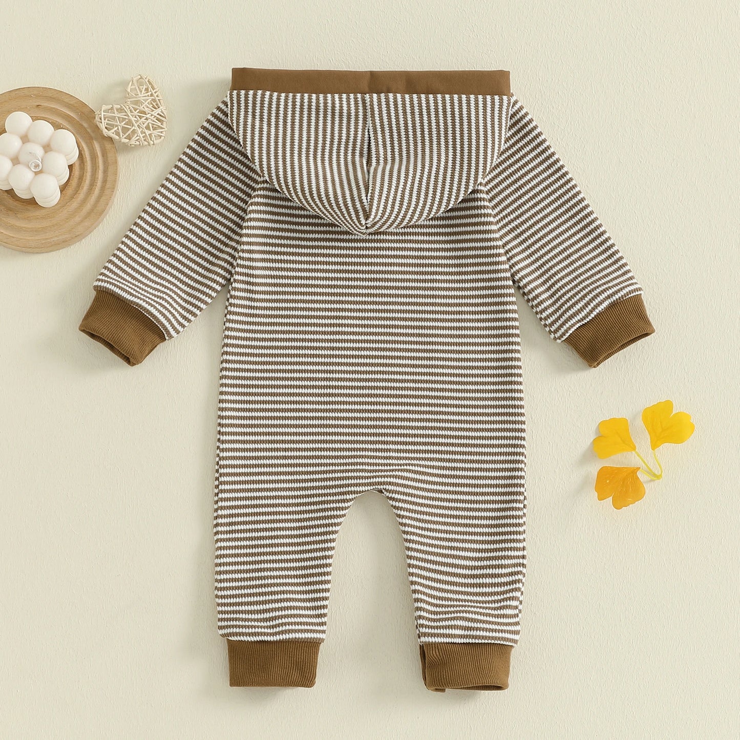 Baby Boy Striped Fall Romper Half Button-up Long Sleeve Hooded Jumpsuit Cute Waffle Clothes