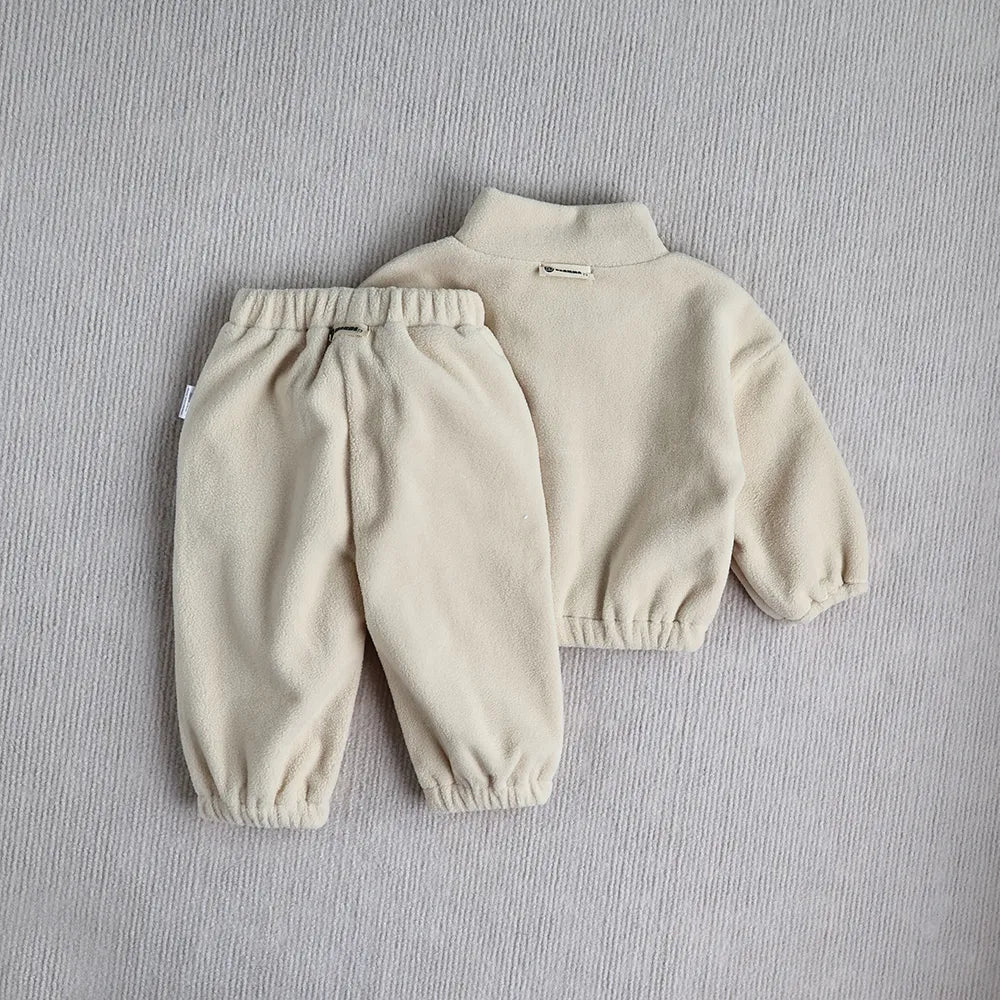 Baby Toddler Boys Girls 2Pcs Sports Sets Fleece Solid Long Sleeve Top Quarter Zip Elastic Waist Pants Outfit