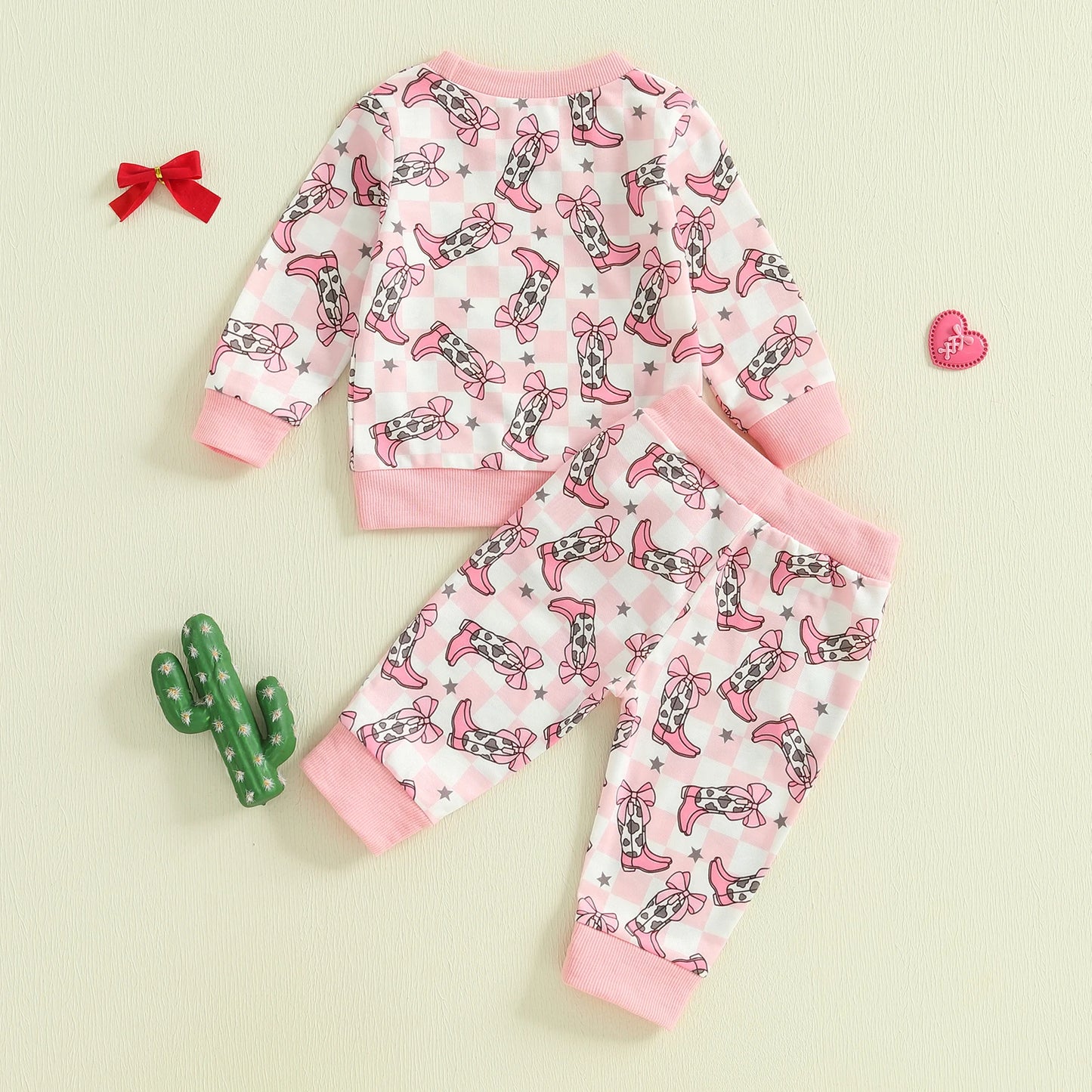 Baby Toddler Girls 2Pcs Western Outfit Boot Plaid Print Long Sleeve Top and Elastic Pants Jogger Set