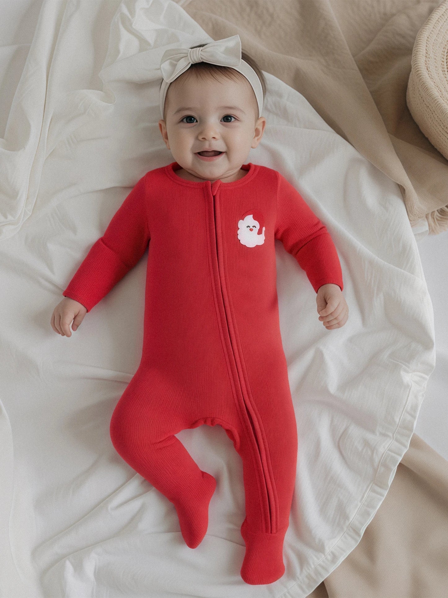 Baby Boys Girls Christmas Footies Long Sleeve Crew Neck Zip-up Embroidery Santa Claus Winter Jumpsuit Zipper Romper