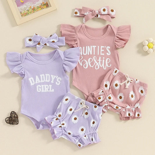 Baby Girls 3Pcs Daddy's Girl / Auntie's Bestie Letter Print Short Sleeve Romper Floral Flowers Ruffle Shorts Headband Set Outfit