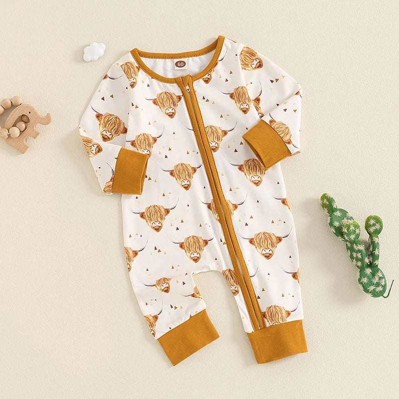 Baby Boys Girls Jumpsuit Long Sleeve Highland Cow Horse Print Fall Zipper Romper