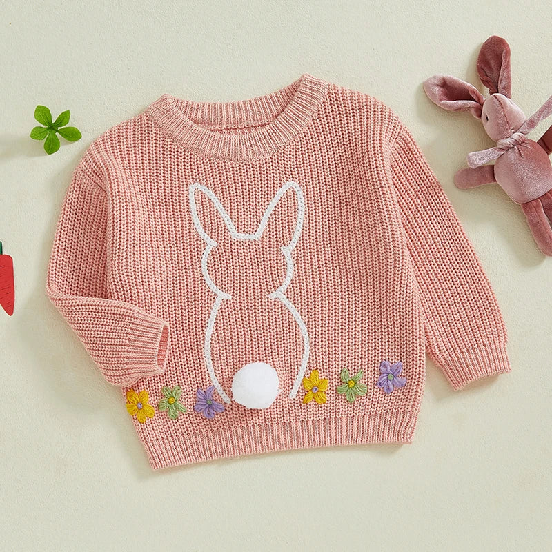 Baby Toddler Girls Sweater Easter Clothes Bunny Rabbit Flower Embroidery Crew Neck Long Sleeve Spring Pullover Top