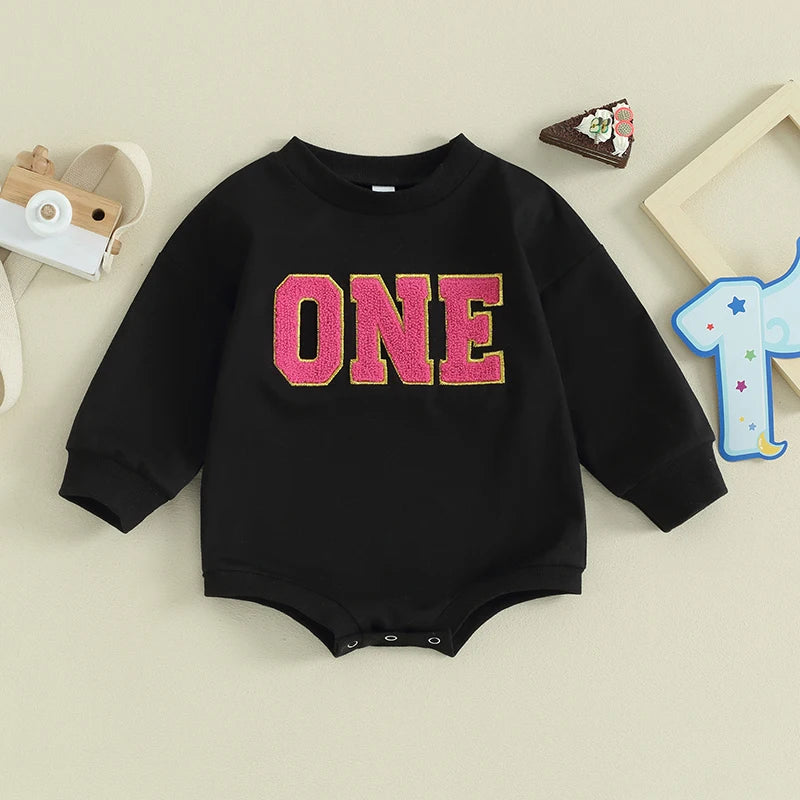 Baby Girl ONE Birthday Romper Embroidery Long Sleeve