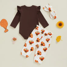 Load image into Gallery viewer, Baby Girls 3Pcs My 1st Thanksgiving / Daddy&#39;s Little Turkey Outfit Long Sleeve Romper + Polka Dots/Turkey Print Pants + Headband Fall Set
