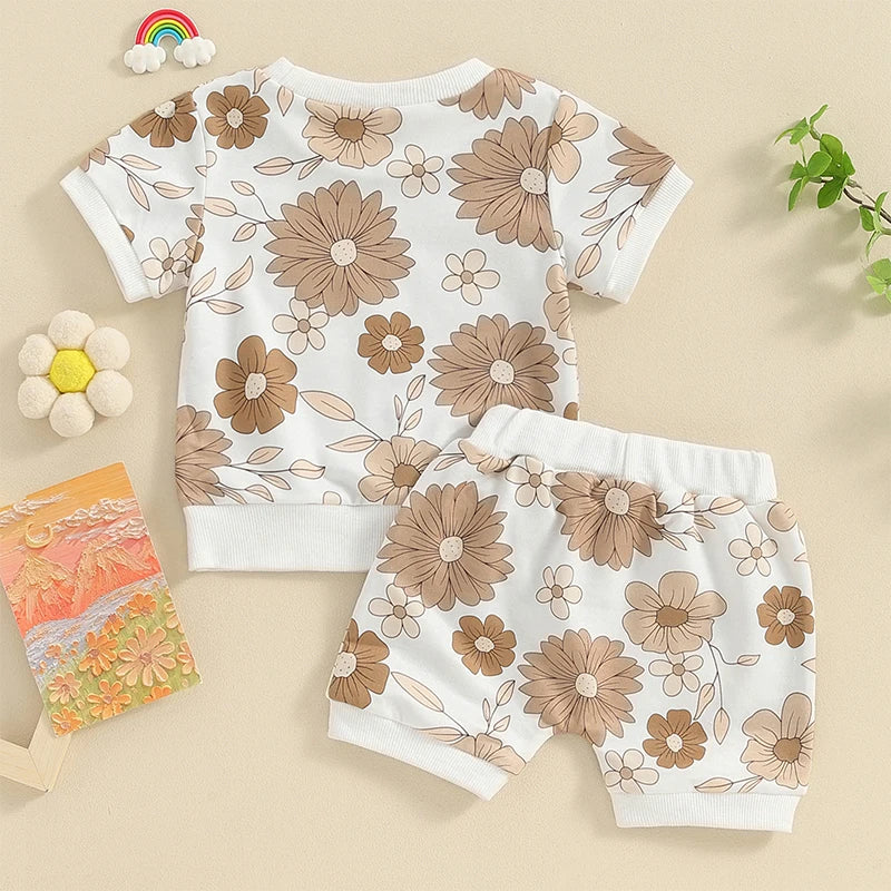 Baby Toddler Girls 2Pcs Summer Clothes Sets Outfits Floral Print Short Sleeve  Top with Pocket Shorts