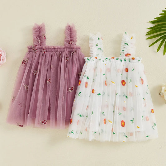 Baby Toddler Girls Princess Dress Sleeveless Flower Embroidery A-line Tulle Tank Top Dresses Clothes