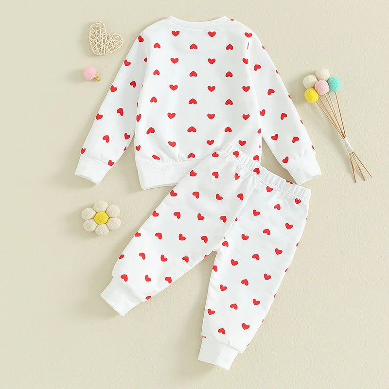 Baby Toddler Girls 2Pcs Clothes Valentine's Day Outfits Long Sleeve Crewneck Heart Print Pants Set