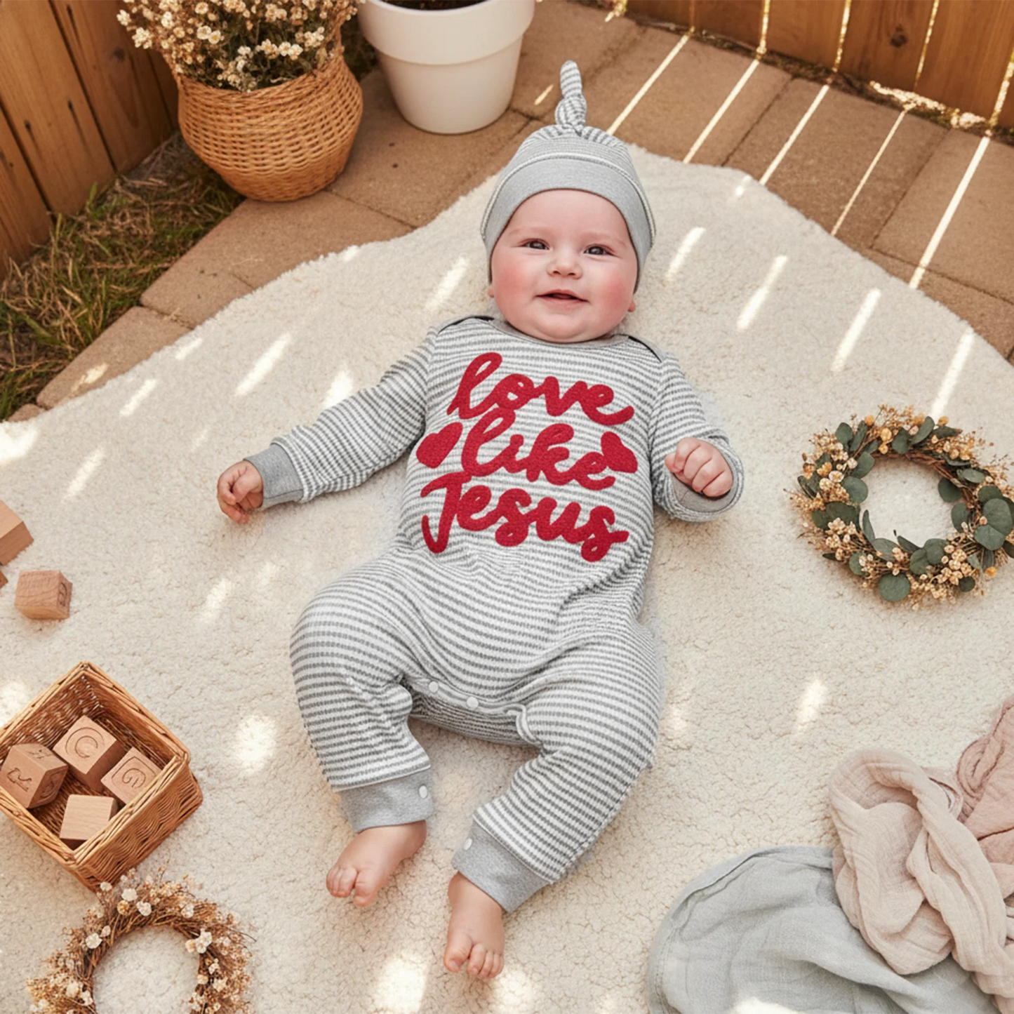 Baby Boys Girls 2Pcs Valentine's Day Romper Love Like Jesus Striped Heart Letter Embroidered Long Sleeve Jumpsuit Knotted Hat Set