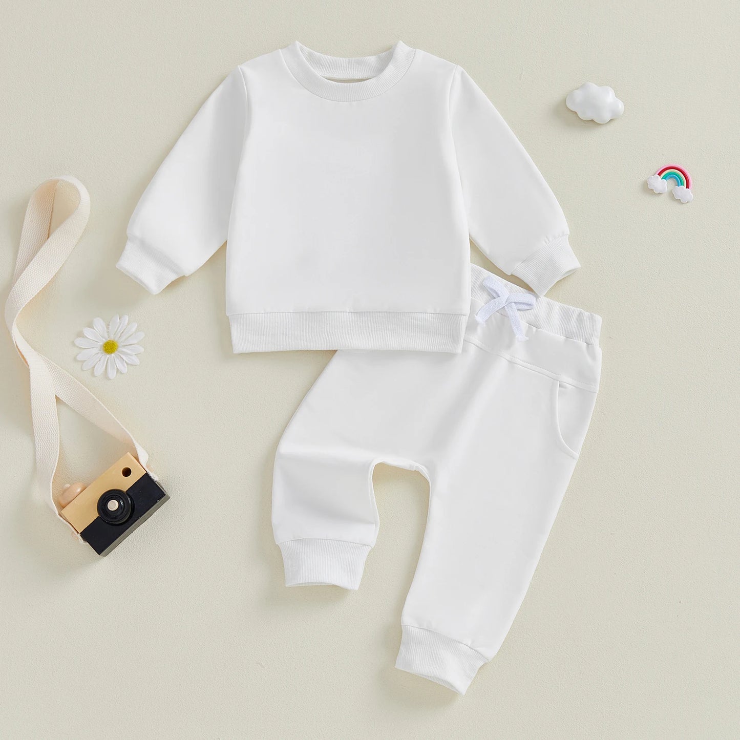 Baby Toddler Boy Girl 2Pcs Spring Fall Outfit Solid Color Long Sleeve Round Neck Pullover Crewneck Top Elastic Waist Long Pants 2 Pcs Jogger Set