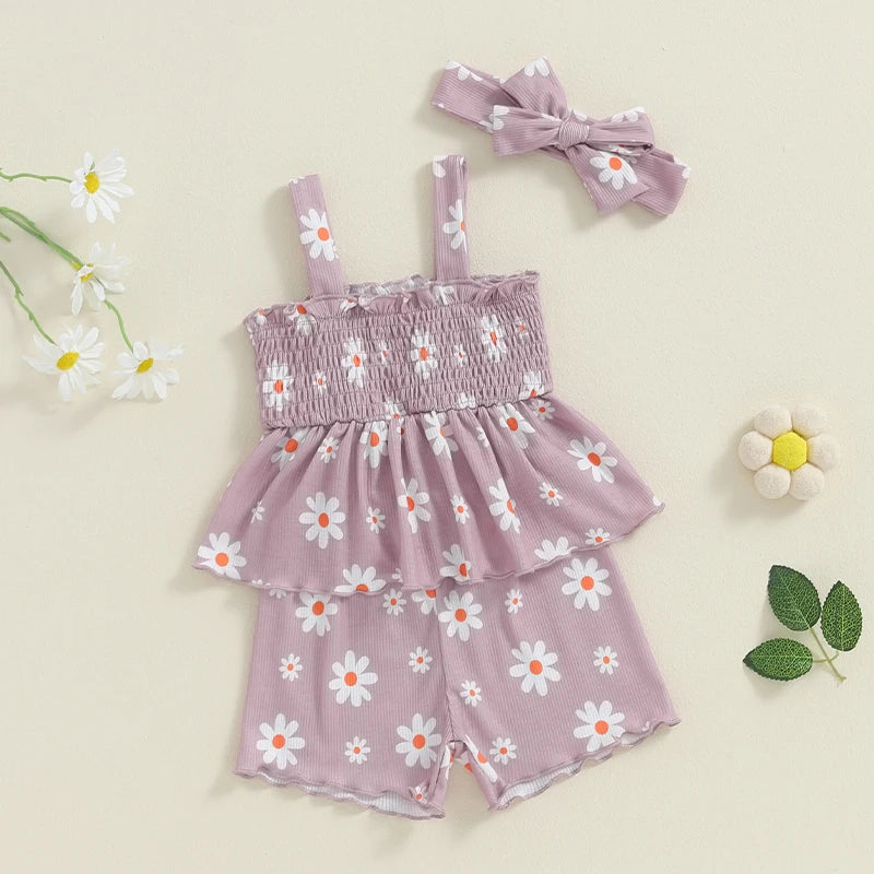 Baby Toddler Girls 3Pcs Outfit Sleeveless Daisy Flower Print Baby Doll Tank Top Shorts Headband Set