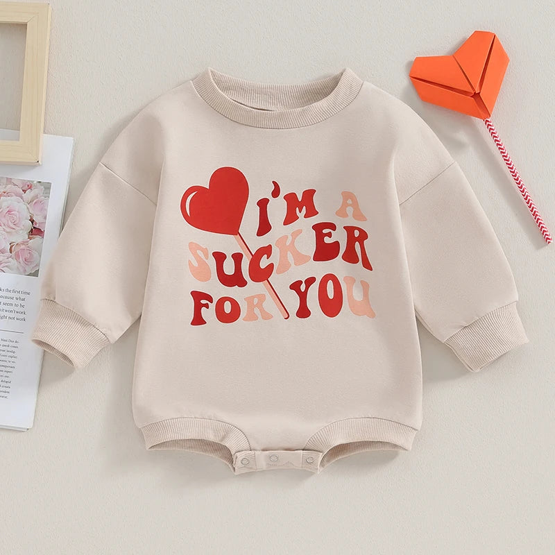 Baby Boy Girl Bubble Romper Long Sleeve Letters I'm A Sucker For You Heart Print Round Neck Jumpsuit Valentine's Day