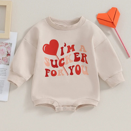 Baby Boy Girl Bubble Romper Long Sleeve Letters I'm A Sucker For You Heart Print Round Neck Jumpsuit Valentine's Day