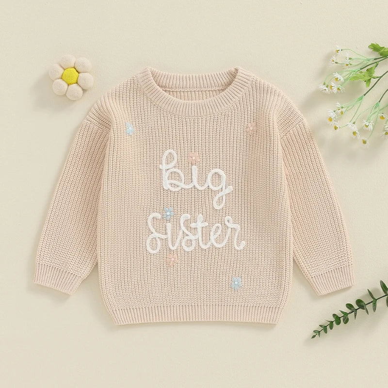 Toddler Kids Girl Big Sister Sweater Cute Long Sleeve Letter Embroidery Knit Pullover Loose Top